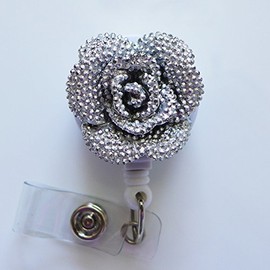 LOVEKITTY - Blinged Out AB Jelly Rhinestones Rose Flowers Retractable ID Badge Reel/Name Badges/ID Badge Holder/Nursing Badge (AB Silver Black)