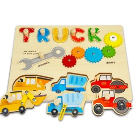 Kulveanju Wooden Puzzle 1 Year, Montessori Children's Puzzle with Handle, Educational Toy Puzzle Toddler Toy, Montessori Animals Puzzle Wooden Toy Gift for Baby 1 2 3 Years, Truck Puzzle