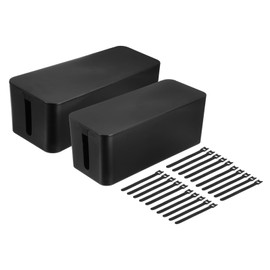 HARFINGTON 2 Set Cable Management Box, Cord Organizer with Nylon Cable Reusable Ties for Home Office Desk, TV Computer Router Wires, Power Strips Hiding, Black, Plastic Lid, M & L