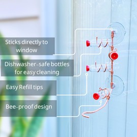 SWEET FEEDERS Window Hummingbird Feeder | Handcrafted Copper and Aluminum | Multiple Stations | Modern Hummingbird Feeder | Glass Bottles | Suction Cups (Copper, Four Station)