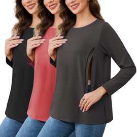 Liu & Qu 3 Pack Womens Oversized Nursing Tops Hidden Zippers Long Sleeves Breastfeeding Shirts Side Split Maternity Clothes