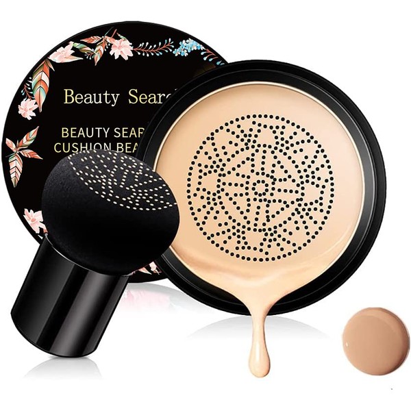 CC Cream Foundation with Mushroom Head Air Cushion BB Cream Moisturizing Concealer Full Coverage for Flawless Makeup Base Long Lasting with Mushroom Makeup Sponge Even Skin Tone（Nature）