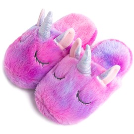 Kids Unicorn Slippers Cute Soft Fluffy Fuzzy Plush Slip on for Girls Indoor House Home Fur Slides Unicorn Gifts for Kids (11-12.5, Multicolor-purple, numeric_11)