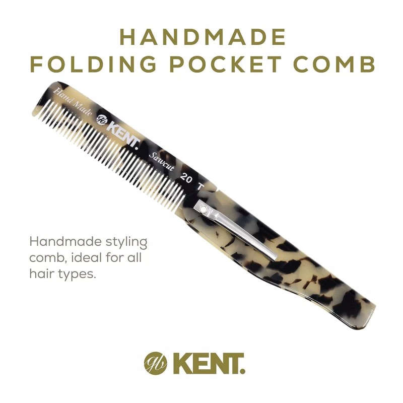 Kent 20T Handmade Folding Pocket Comb for Men, Fine Tooth