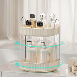 YCIA&DONE 360 Rotating Makeup Organizer for Vanity, 2 Tiers New Square Shaped Cosmetics Skincare Bathroom Organizers Countertop, Perfume Stand Counter Tray, Warm White