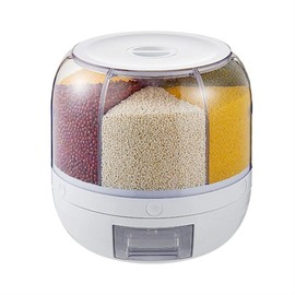 SFNTION Dry Grain & Rice Storage Container - 12L Separate Rice Bucket Cereal Dispenser for Pantry and Kitchen Countertop 6 Grid Rotating Food Grain Organizer Box Automatic Output Food
