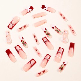 BABALAL Press on Nails Long Square Fake Nails Red White French Tip Artificial Glue on Heart Bow Charm Acrylic Nail Art False Nails 24Pcs Squoval Manicure False Nails Supplies DIY Glossy Stick on Nails