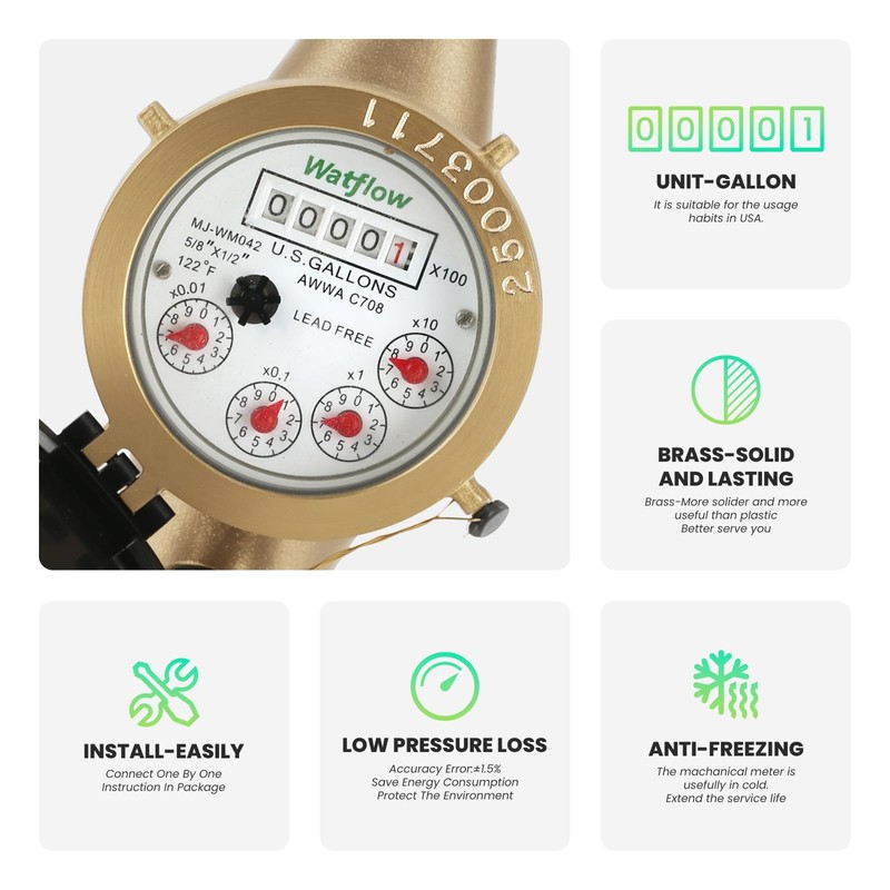 Watflow DN15 1/2" NPT Couplings Gallon Water Meter, Lead Free