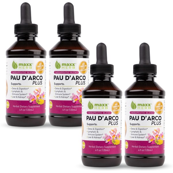 Maxx Herb Pau D’Arco Extract with Dandelion Root & Red Clover Therapeutic Blend, Pau Darco Tincture Absorbs Better Than Tea or Capsules, for Immune Support - 4 Bottles, 4 Oz Each (240 Servings)