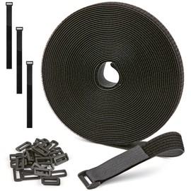 1" x 12Yard Reusable Cable Straps with 20 Plastic Buckles - Adjustable Cut-to-Length Nylon hook and loop roll for Organizing and Storage