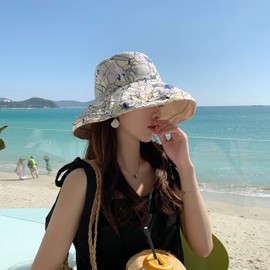 Karsaer G0079 Women's Hat, Spring and Summer, UV Protection, Reversible, Sun Protection, Solid & Floral Pattern, Foldable, Wide Brim, Walking, Bicycle, Travel, String Included, UPF Shade, Cute, UV