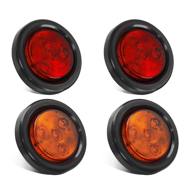Partsam 4pcs 2" Round LED Side Marker Clearance Light Reflex, 2 Inch 4 LED Trailer Truck Lights with Grommet and Wire Pigtail 12V (2Red+2Amber)