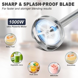 freebala Immersion Blender, 4 in 1 Hand Bender Max 1000W, 5 Speeds & Turbo with Copper Motor Stainless Steel Blade, Handheld Blender Stick Mixer with Egg Whisk, 700ml Beaker & 500ml Chopper Bowl