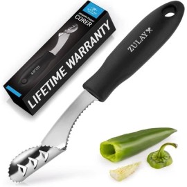 Zulay Kitchen Corer Stainless Steel Pepper Seed Remover Tool with Serrated Edges Rubber Handle
