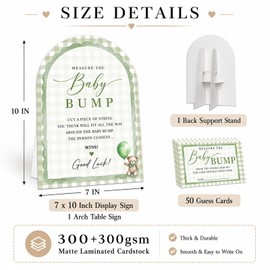 Green retro plaid Theme Baby Shower Games, Measure the Baby Bump Game decor, 50 guessing cards and 1 7 x 10" standing sign - A10