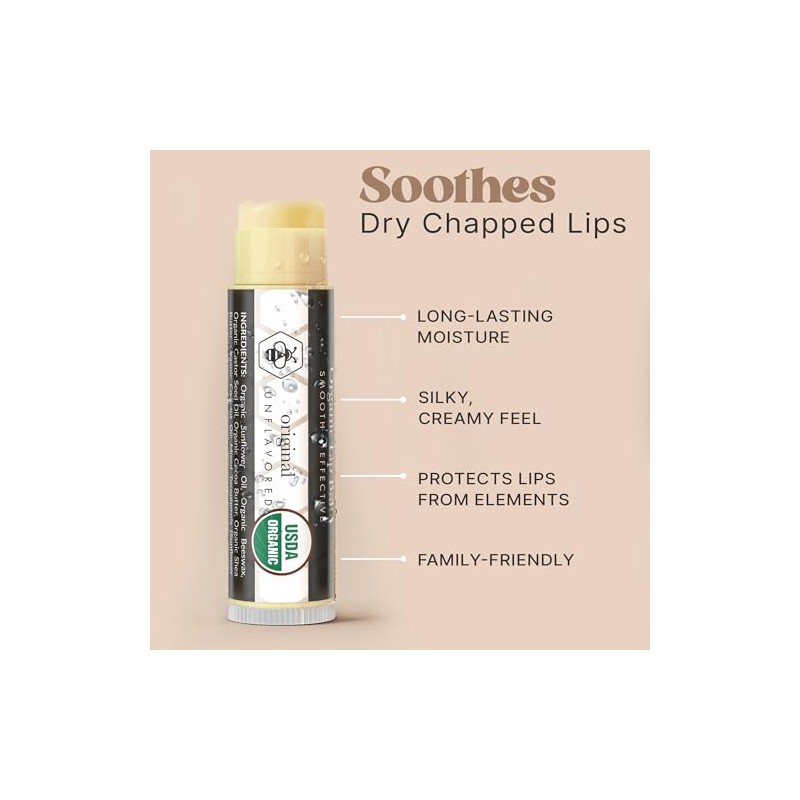 Lip Balm Organic (Original Unflavored) 4 Tube Pack Pure and