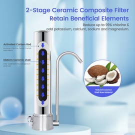 BOKKRALL Satinless Steel Countertop Water Filter System, 5-Stage Alkaline Water Filter, 8000 Gallons Faucet with 1 Washable Ceramic Filter (BY-10P-M12)