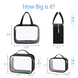 PACKISM Clear Toiletry Bags - 3 Pack Clear Makeup Bags with Handle Large Opening, Waterproof Clear Cosmetic Bags Fit Carry-on Travel Essentials, Travel Accessories Clear Travel Bags, Black
