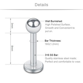 SCERRING 12PCS 16g Stainless Steel 3mm Ball Labret Monroe Lip Tragus Helix Earring Ring 8mm - Mix Color