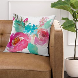 Emvency Throw Pillow Cover Watercolor Peonies Pink Turquoise Summer Bouquet Decorative Pillow Case Girly Home Decor Square 18 x 18 Inch Cushion Pillowcase