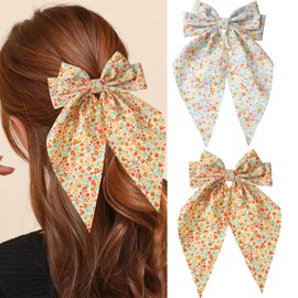 2PCS Silky Satin Hair Bows Clips Large Flower Hair Bows for Women Spring Summer Hair Ribbons Metal Clips with Oversized Long Tail Floral Hair Barrettes Bowknot French Hair Accessories(Style A)