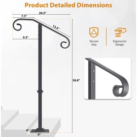 Zwinz Handrail Railing 38.8‘’H, Single Post Handrail Fits 1 or 2 Steps, Sturdy Outdoor Stair Railing for Concrete&Wooden Steps with Base, Wrought Iron Stair Handrails, Grab Rail for Steps Porch, Gray