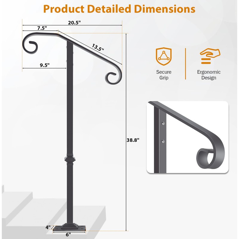 Zwinz Handrail Railing 38.8‘’H, Single Post Handrail Fits 1 or