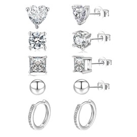 LOUMILEO 5 Pairs of Stud Earrings 925 Silver Hypoallergenic Silver Earrings Women 5A+ Cubic Zirconia Petite Silver Cartilage Earrings Silver Women Girls Set, Sterling Silver