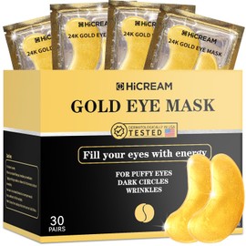 Hicream Parches De Oro De 24 Quilates Para El Contorno De Ojos(30 Pares). Mascarilla De Oro Puro Antiedad Con Colágeno Y Ácido Hialurónico Para El... 