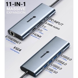 11-in-1 USB C Hub, Laptop Docking Station with RJ45 Gigabit Ethernet, 4K HDMI, 1080P VGA, SD/Micro SD Card Reader, 3.5 mm Audio Aux Jack, PD 100W Charging, Full Functional USB C Dongle