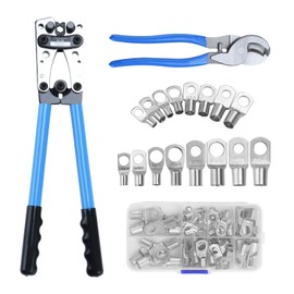 Battery Cable Lug Crimping Tool, heavy-duty wire crimper with Cable Cutter and 60Pcs Copper Ring Terminals for AWG 10-1/0 Electrical Lug(Sliver)
