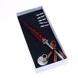 ANCLLO Feather Pen Antique Calligraphy Pen Handcrafted Feather Quill Pen Set Writing Quill Dip Pen with 5 Replacement Nibs Pen Nib Base in Gift Storage Box