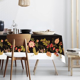 Ablecozy White Black Birds Flowers Waterproof Fabric Tablecloth,Rectangle Watercolor Wrinkle Oil-Proof Resistant Table Cover for Dining Table, Buffet Parties and Camping,(60" x 84" inch)