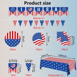 Tayuvira Patriotic Party Supplies,4th of July Decorations Outdoor,Fourth of July plates and napkins sets,Red White Blue Tableware Disposable Banner,Tablecloth for Independence Day, Memorial Day