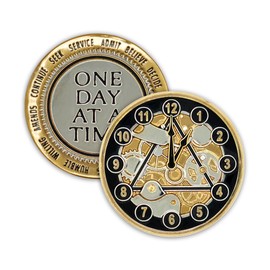 12 Steps AA Coin Sobriety Chip Medallion, Clockwork One Day at a Time Alcoholics Anonymous Recovery Affirmation Token