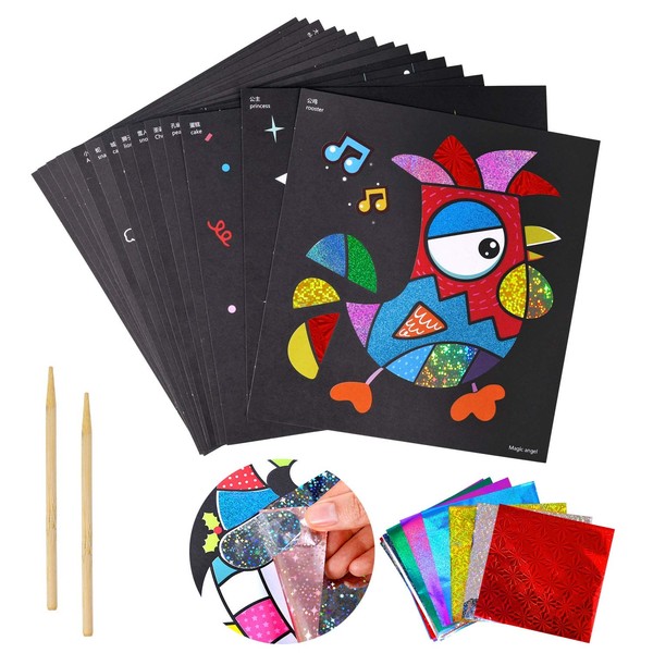 DPKOW 15 Sheets Fab Foil Art Picture, Art and Crafts for Kids, with 30 Foil Sheet, 2 Wooden Stylus and 1 Instructional Book, Gift for Children Kids Boys Girls
