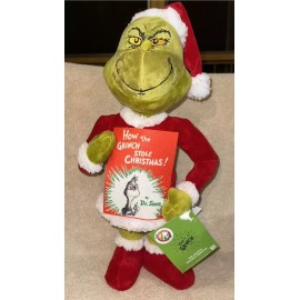 Gemmy 18” Holiday Greeter Stuffed Grinch in Santa Suit with Dr. Seuss™ Book New