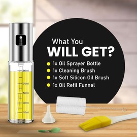NextG Ideaz Oil Sprayer for Cooking -100ml Sprayers, Clear Transparent Glass Bottles, Food Grade, Refillable, Multi Purpose Oil Mister with Non Slip Cap, Oil Funnel & Silicone Brush