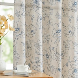 jinchan Floral Curtains for Living Room Linen Curtains 84 Inch Length Blue Flower Curtains Rod Pocket Back Tab Farmhouse Curtains with Printed Floral Bedroom Window Curtain Set, 2 Panels Blue