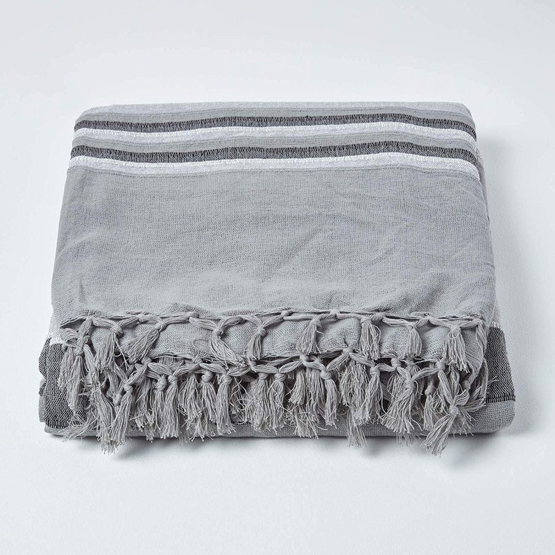 HOMESCAPES Light Grey Throw “Morocco” Cotton Textured Stripe Throw 150