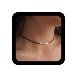 Allereyae Vintage Leather Choker Necklace Silver Bar Choker Necklace Short Black Leather Bar Necklace Boho Necklace Jewelry