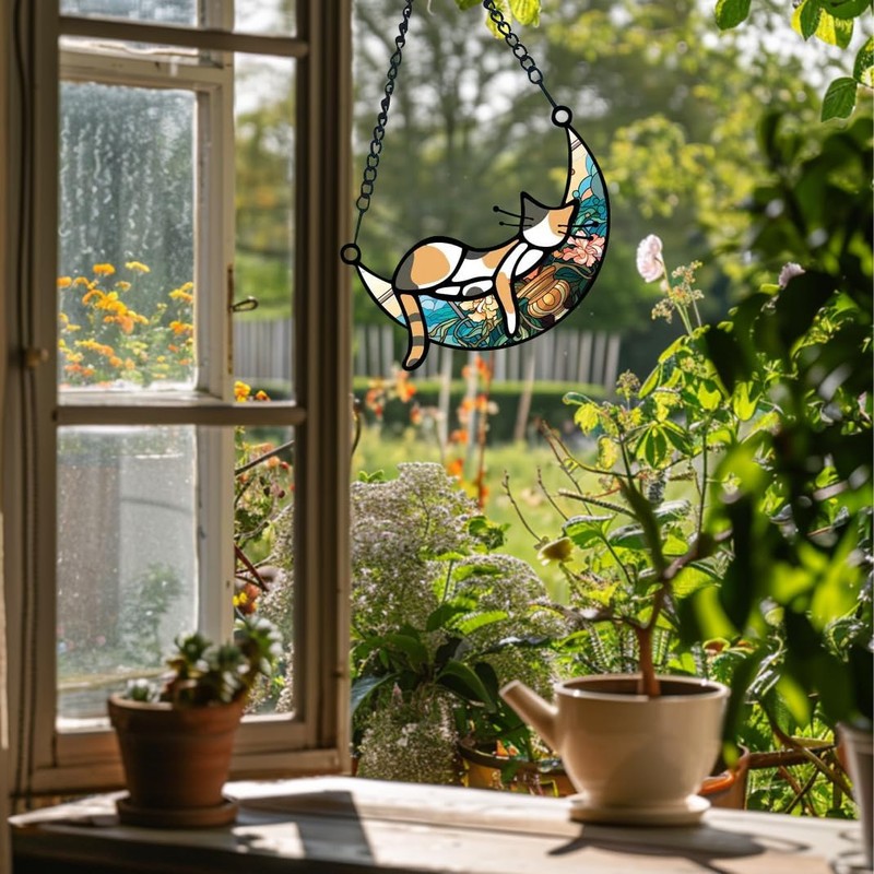 Stained Glass Window Hanging Cat, Cat Suncatchers for Windows Hanging,