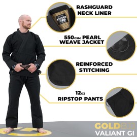 Gold BJJ Valiant Gi - Heavyweight 550gsm Pearl Weave Jiu Jitsu Uniform - IBJJF Legal (Black, A1)