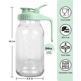 VA1KENE 64oz Glass Mason Jar Pitcher with Lid and Spout, 2 Quart Airtight Glass Water Jug, Leakproof Wide Mouth Mason Jar Pitcher for Iced Sun Tea, Breast Milk Storage, Cold Brew Coffee, Juice, Green