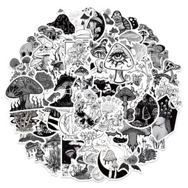 Goth Style Mushroom Stickers Pack Gothic Stickers Aesthetic Pack of 50 Black and White Waterproof Decorative Vinyl Small Stickers for Guitar, Water Bottle, Luggage, Tablet, Phone, Notebook