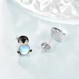 Dreamboat Penguin Stud Earrings for Women 925 Sterling Silver Moonstone Penguins Earring Cartoon Animal Jewelry Christmas Birthday Gifts