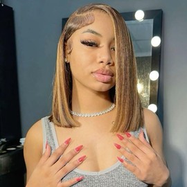 KKYST Highlight 13x4 HD Lace Front Wigs Human Hair Bob Wig Human Hair Pre Plucked Hairline Frontal Glueless Short Straight Bob Wigs for Black Women Ombre Brown Honey Blonde(14 Inch,4/27#)