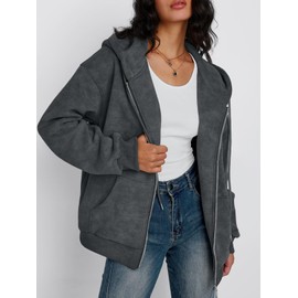 Trendy Queen Zip Up Hoodies for Women Acid Wash Oversized Sweatshirts Fall Cute Y2k Clothes Winter Jackets Vintage Streetwear, Grey, S