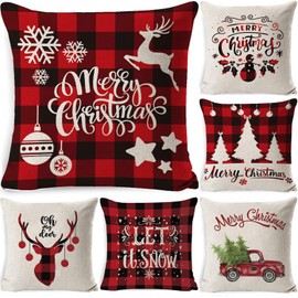 ALINK 6Pcs Christmas Throw Pillow Cushion Covers Set – Linen Pillow Case Merry Christmas Decoration Snowflake Deer Car Pillow Covers Set for Sofa Couch Home Décor Xmas Gifts New Year Party