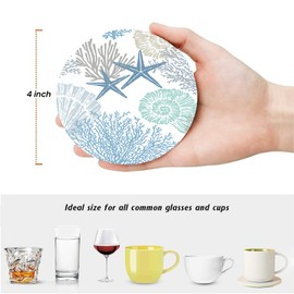 ubcindy Nautical Coastal Coasters for Drinks Set of 6,Round Absorbent Ceramic Stone Coaster with Metal Holder Stand,Beach Ocean Themed Blue Coasters with Cork Base for Coffee Table,Party,Kitchen,Gifts